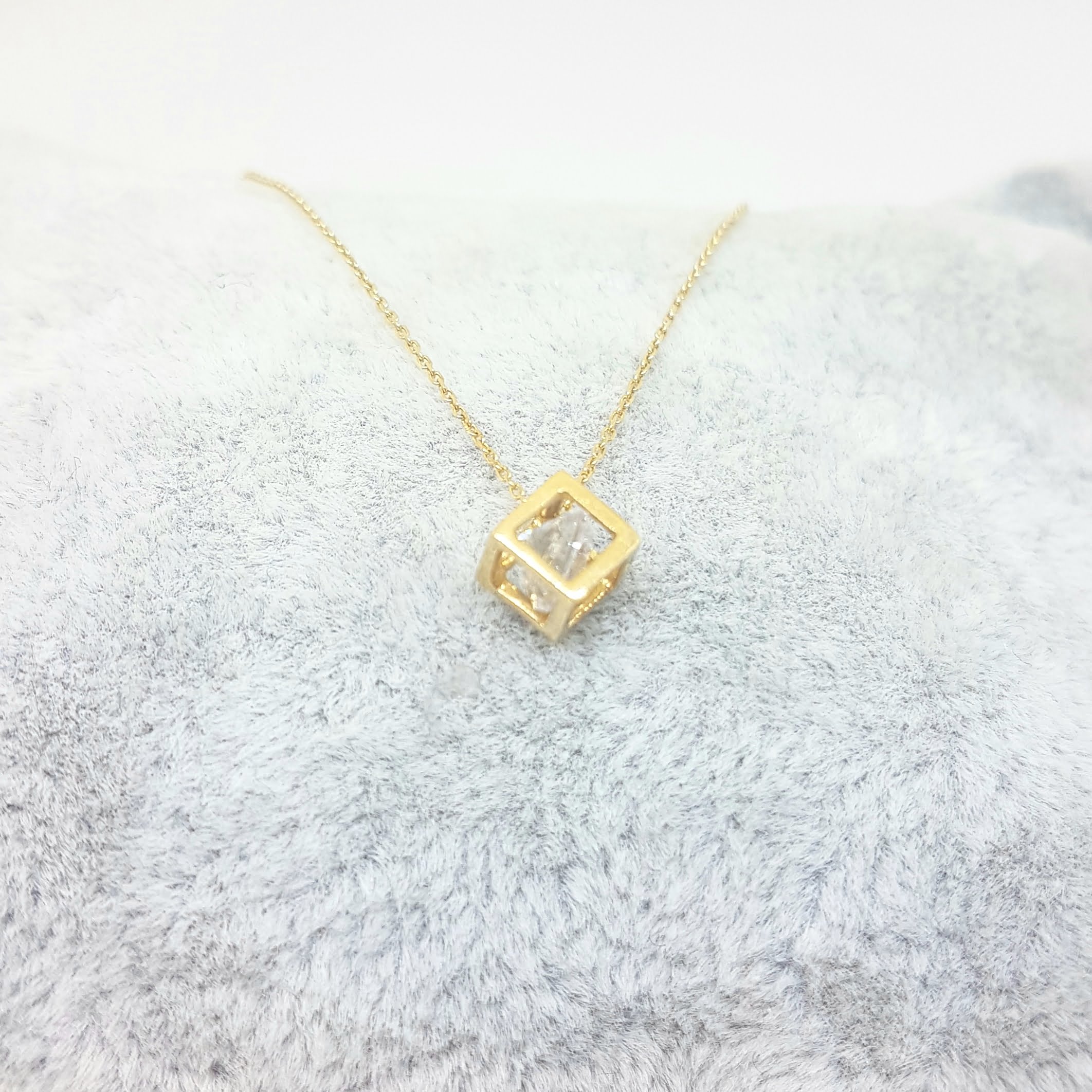 14K Real Solid Gold Elegant Cube Style Tiny Charm Dainty Delicate Cute Trendy Pendant Necklace with Floating Zirconia Stone for Women Wife Girlfriend Mom Best Birthday Gift